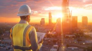 A visually dynamic, wide-angle shot of the Oklahoma City skyline at sunset, with a prominent, modern commercial building under construction in the foreground. A professional-looking construction project manager (male or female, diverse background) wearing a clean, white hard hat and safety vest stands confidently, holding a digital tablet displaying a complex blueprint or checklist.