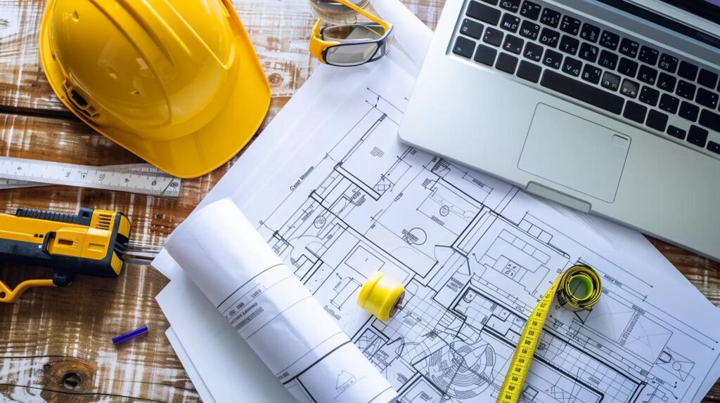 A detailed, close-up overhead shot of a General Contractor's desk, showing a neatly organized blueprint (partially rolled open) next to a laptop displaying a Gantt chart or project timeline. Scattered around are a hardhat, safety glasses, a roll of yellow tape measure, and a local OKC construction permit application form.