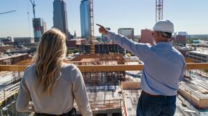 A professional, cinematic wide-angle shot of two people—a confident male General Contractor wearing an ACME Construction hardhat and a professional female client in business attire—standing on a large, clean, active construction site in downtown Oklahoma City. The GC is pointing at a partially completed modern steel and glass commercial structure while the OKC skyline (including notable landmarks) is visible in the background. The mood is collaborative, trustworthy, and focused on professionalism.