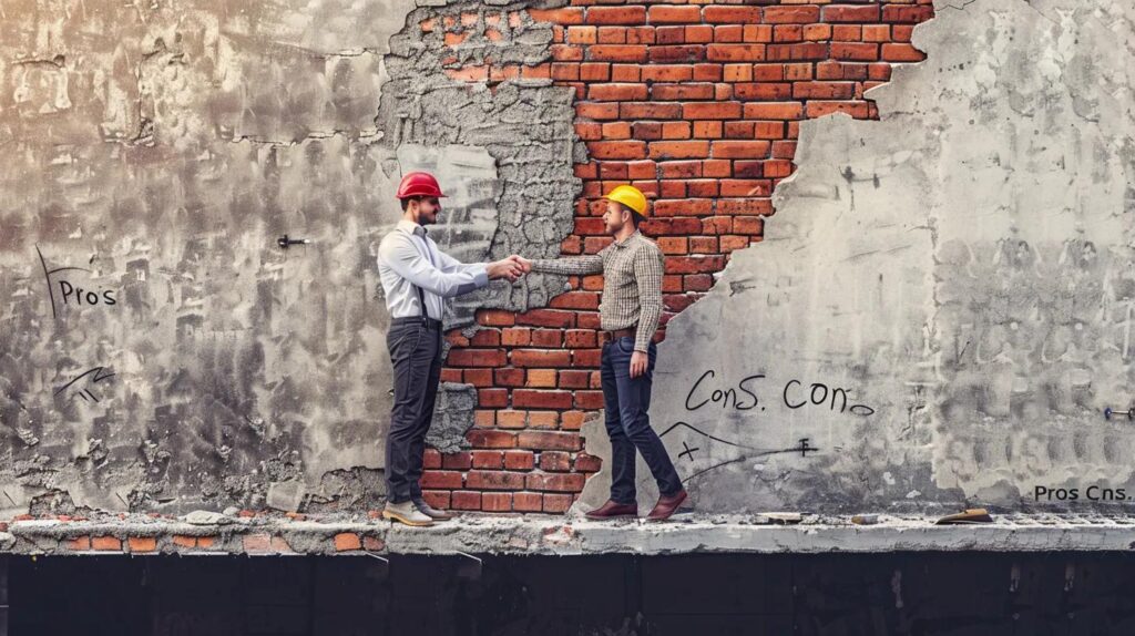 A metaphorical split image representing "Pros" and "Cons." On the left (Pros side), a smoothly assembled brick wall with perfectly installed drywall and a satisfied architect shaking hands with a contractor. On the right (Cons side), a messy construction site with a large, visible stair-step crack in a brick wall and a contractor looking frustrated while checking a complex financial spreadsheet.