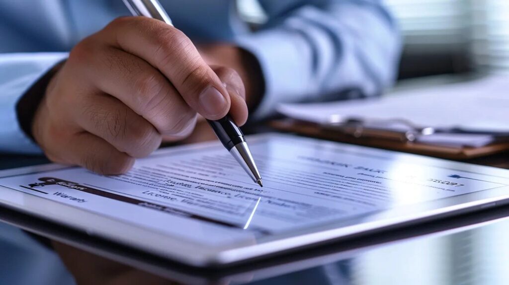 A close-up shot of a professional hand (wearing a clean shirt cuff) pointing to a line-item on a tablet or a printed contract, next to a pen. The document clearly highlights sections labeled "Insurance," "License Number," and "Warranty." The background is a clean, modern office or conference room, emphasizing transparency and documentation.
