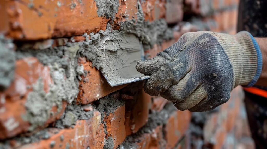 A detailed macro photograph showing an experienced mason's hand (wearing work gloves) using a small trowel to meticulously apply fresh, grey mortar into a deteriorated joint on an old red brick wall. The contrast between the crumbling, sandy old mortar and the smooth, new repointing material is evident, highlighting the detailed process of brick mortar repair.