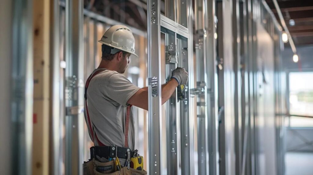 An interior construction scene focused on the framing of a commercial building. Clean, gleaming light gauge metal studs are perfectly installed, creating the skeleton of a wall. A contractor is installing a sheet of drywall onto the metal frame using a power drill, illustrating the seamless process of metal framing and drywall installation.