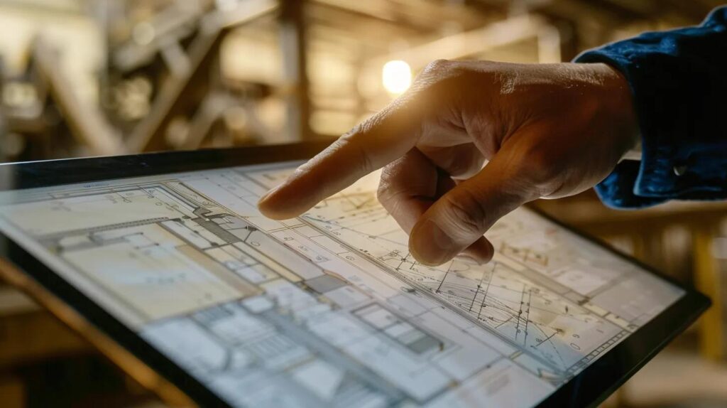 A close-up shot of a contractor’s hand pointing to a section on a tablet displaying a digitized construction portfolio, focusing on details of specialized trades like intricate brickwork (masonry) and robust metal support beams. The background is slightly blurred but suggests a well-organized office or construction trailer. Style: Clean, detailed, focus on technical documents and craftsmanship.