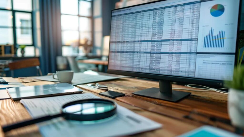 A shot of a detailed financial spreadsheet or contract document on a large monitor, with a client and a contractor reviewing it together at a table. A magnifying glass rests on the document, symbolizing attention to detail and transparency. The color palette is professional blue and white. Style: Corporate, detail-focused, symbolizing open communication about money