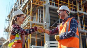 A professional, cinematic wide-angle shot of two construction professionals (one male, one female, both wearing hard hats and safety vests) shaking hands on a modern commercial job site in Oklahoma City. In the background, there is visible steel framing and masonry work under a sunny Oklahoma sky.