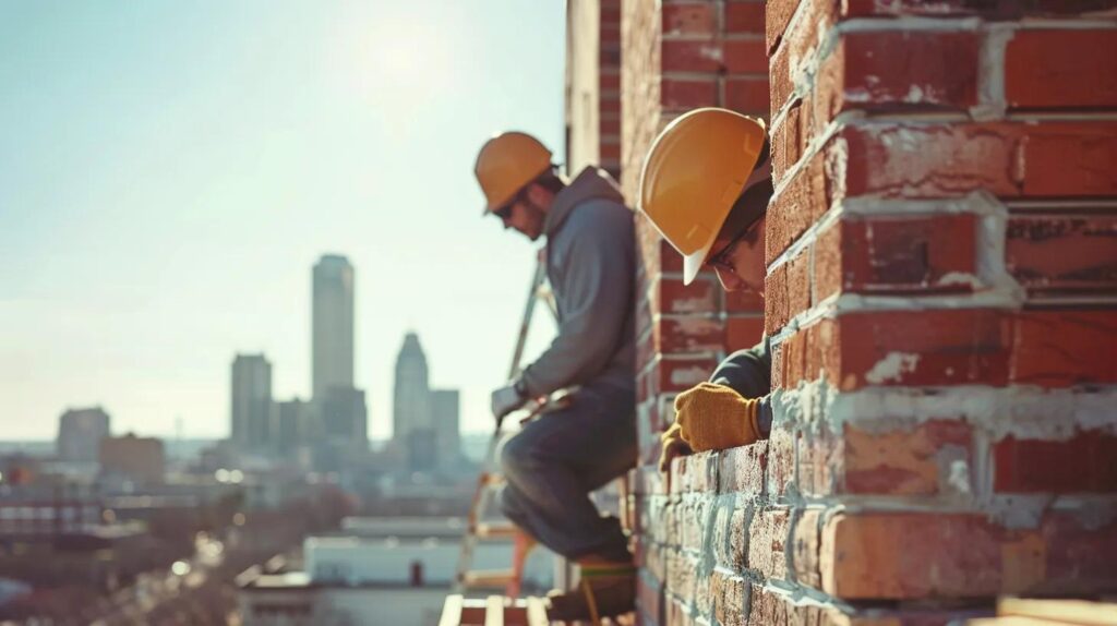 A professional, sharp photo focusing on an OKC commercial building facade. Two skilled masons (wearing hard hats and safety gear) are carefully performing brick repointing (tuckpointing) on a historic red brick wall. The image should convey precision, expertise, and trust, with the Oklahoma City skyline slightly blurred in the background on a sunny day. Clean, detailed construction work.