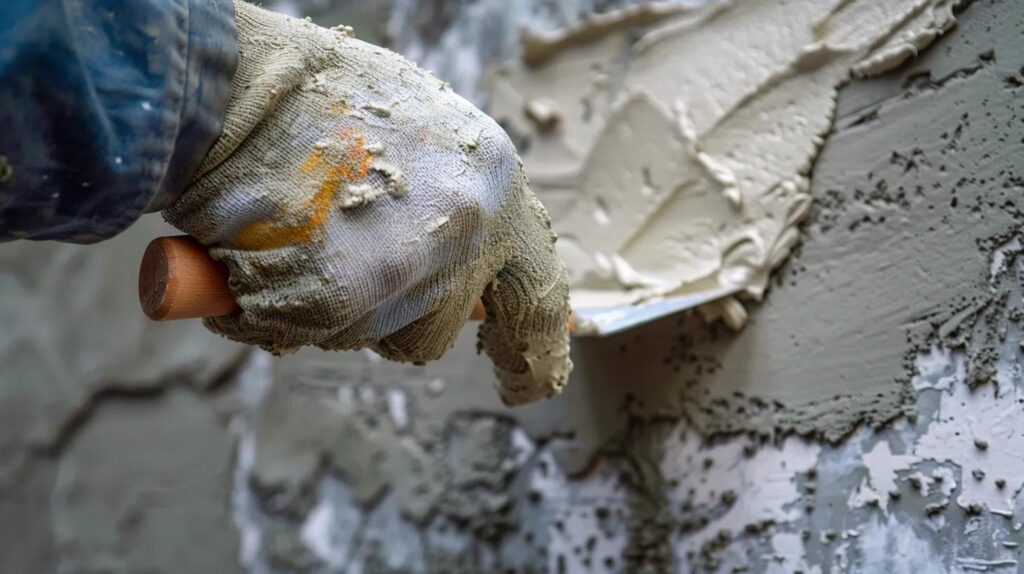 A close-up shot of a mason's gloved hand carefully matching mortar color and texture to an existing wall sample using a small trowel. The image emphasizes the difference in color/texture between a light, new mortar patch and the original, faded mortar, symbolizing specialized knowledge and attention to detail.