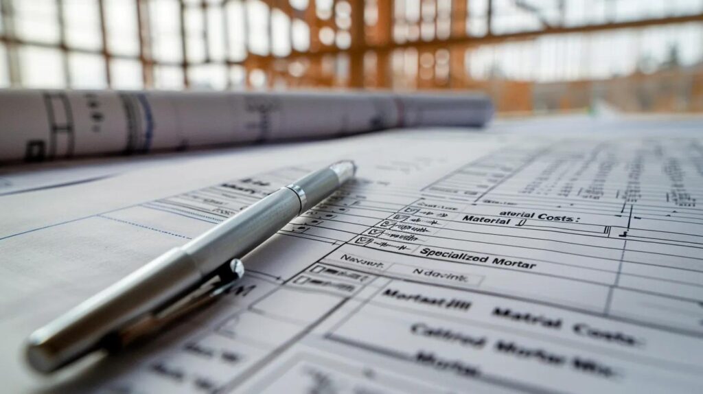 A clean, professional flat lay of a detailed construction blueprint and an open, multi-page spreadsheet (itemized bid) on a contractor's desk. A pen points to a line item labeled