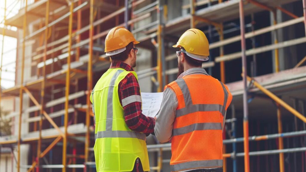 Two construction workers (one lead, one apprentice) reviewing safety documents and harness checks while standing in front of high-quality scaffolding on a commercial job site. They are nodding in agreement, symbolizing shared responsibility and strict safety compliance (Workers' Comp/Liability).
