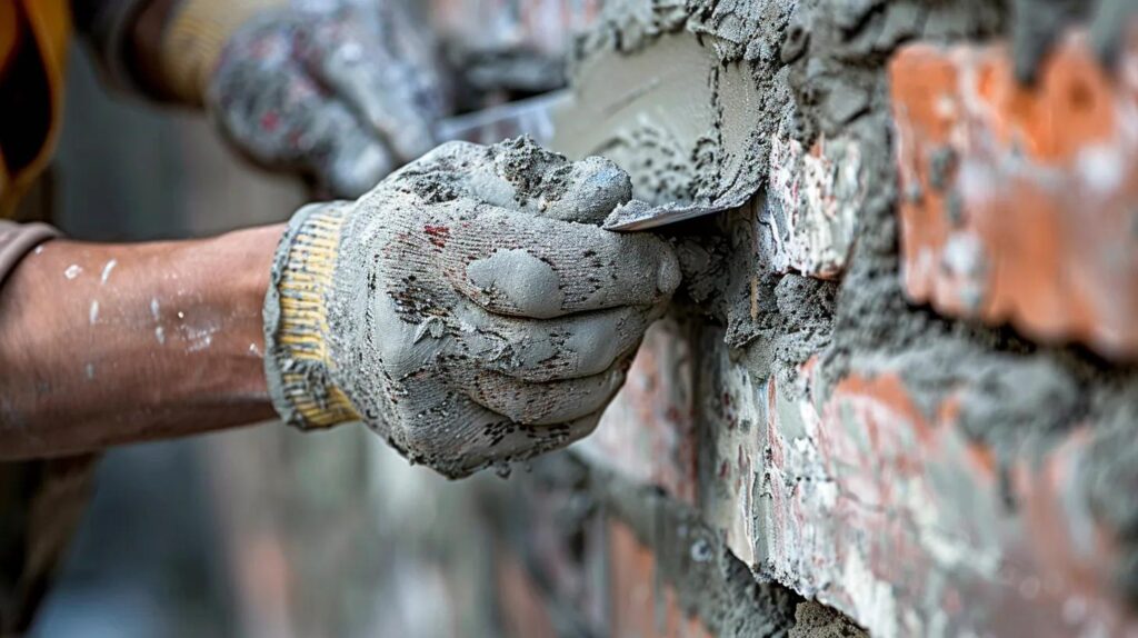 A detailed, close-up photograph of a professional mason using a trowel to perform repointing (brick mortar repair). The new mortar should be a slightly contrasting but complementary color to the old, crumbling mortar being replaced in the surrounding joints, highlighting the precise, skilled repair process.