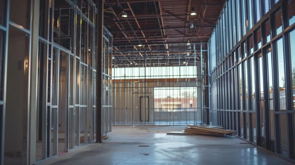 A modern, commercial interior under construction featuring tall, perfectly aligned metal studs oklahoma city stretching high toward a high ceiling. The framing should look sharp and precise, contrasting with a small pile of scrap wood lumber in the corner (out of focus) to visually emphasize the superior non-combustible nature of the steel.
