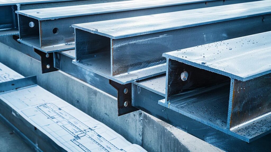 A close-up shot of interlocking structural steel beams (metal framing) meeting a section of freshly installed, clean masonry block, symbolizing strength and material harmony. The image should feature construction blueprints or architectural drawings lying neatly nearby.