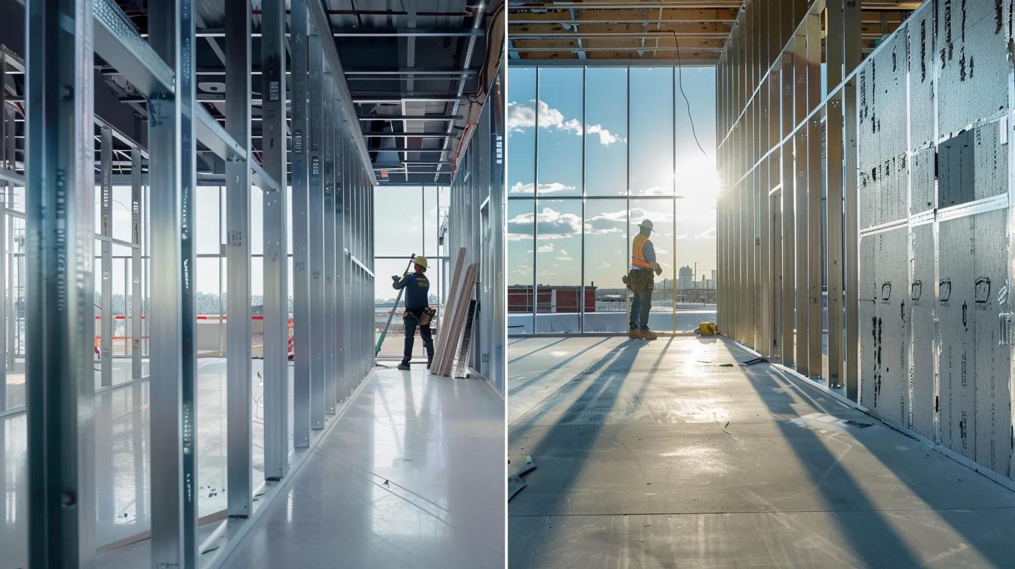 A dynamic, high-resolution photo showing two distinct construction activities happening simultaneously in a clean, modern commercial building under construction in Oklahoma City. On the left side, professional construction workers are precisely installing metal framing (cold-formed steel studs) for an interior wall. On the right side, a skilled mason is carefully repointing brickwork on the exterior facade of the same building. The light should be bright and focused, emphasizing the precision and durability of the materials. Include the outline of the OKC skyline faintly in the distant background.