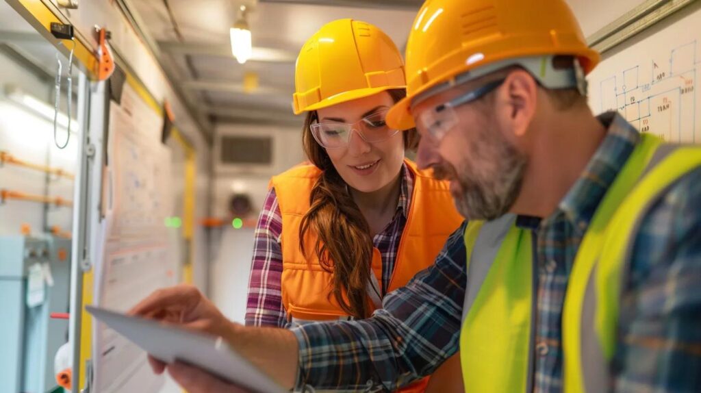 A professional general contractor (wearing a clean hard hat and vest) and a client in a bright, organized construction site trailer. Both are looking at a detailed project management tablet or large schematic layout, conveying trust, communication, and transparency.