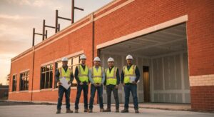 A wide, cinematic shot capturing a professional, diverse construction crew (men and women wearing high-visibility vests and hard hats, smiling) standing confidently in front of a recently completed commercial building in Oklahoma City at sunset. The building façade features clean, modern red brickwork, structural steel elements visible through a window, and a section of perfectly smooth drywall interior exposed to the viewer. The team is holding blueprints or safety gear. The focus is on professionalism, quality, and local OKC presence.