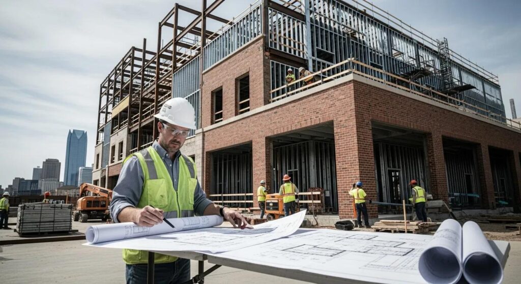 A wide-angle, cinematic high-resolution photograph of a modern commercial construction site in Oklahoma City. In the foreground, a professional contractor in a hardhat reviews blueprints. In the background, a mix of exposed metal framing and beautiful red brick masonry is visible under a bright Oklahoma sky. Professional, corporate, and industrious.