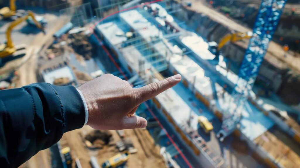 An aerial shot of a large commercial construction site showing clearly defined zones of work. In the foreground, a digital Gantt chart or timeline displayed on a screen, with a finger pointing to a key milestone date. The background should show heavy machinery and concrete work in progress.