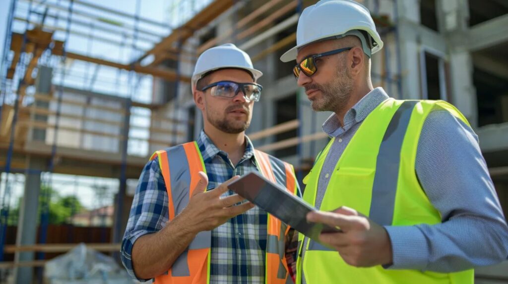 A professional project manager (wearing a company branded vest/shirt) on a job site, actively reviewing a tablet with a subcontractor (plumber or electrician) while pointing to a section of the project. The interaction should suggest clear communication and quality checks.