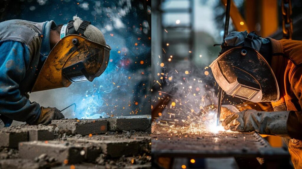 A split image: On the left, a skilled mason in protective gear carefully applying fresh mortar between bricks (tuckpointing). On the right, a welder is meticulously working on a structural metal frame or handrail using a welding torch, with sparks visible. The image conveys precision and specialized, hands-on skill.