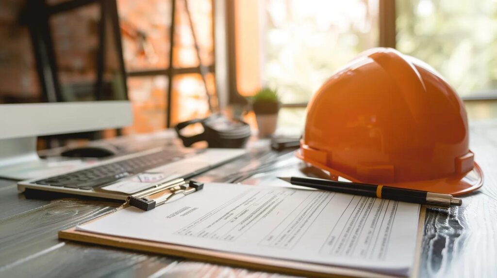 A close-up, sharp photograph of a clipboard with official contractor documents (license, insurance certificate) next to a hard hat. The background is a clean, modern office desk with a blurred computer screen