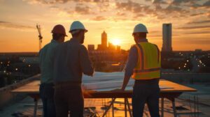 A high-angle, professional, cinematic photograph showing the Oklahoma City skyline in the background during golden hour. In the foreground, a diverse team of commercial construction professionals (architect, project manager in a hard hat, and a specialized trade foreman, all appearing serious and collaborative) are gathered around a large blueprint table on an active, clean commercial construction site. The focus should be on the detailed blueprint and the strong, trusted collaboration between the team members.