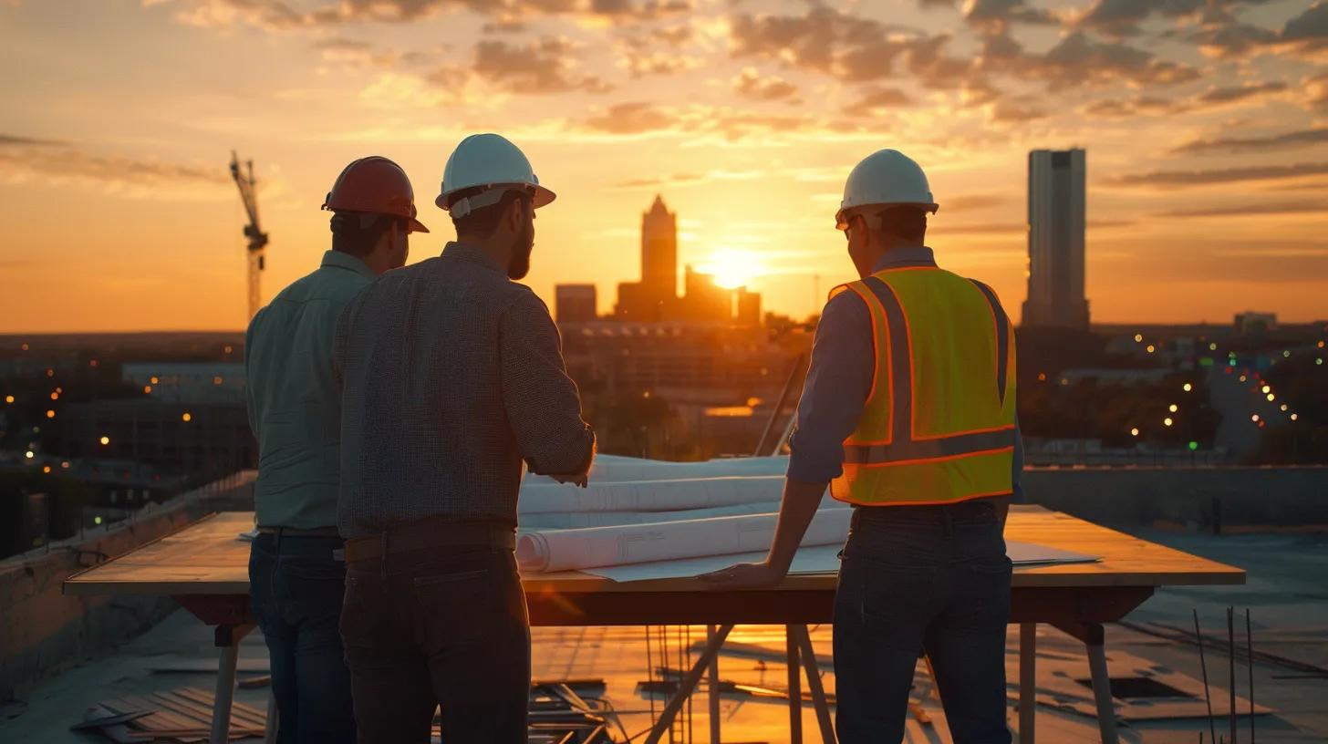 A high-angle, professional, cinematic photograph showing the Oklahoma City skyline in the background during golden hour. In the foreground, a diverse team of commercial construction professionals (architect, project manager in a hard hat, and a specialized trade foreman, all appearing serious and collaborative) are gathered around a large blueprint table on an active, clean commercial construction site. The focus should be on the detailed blueprint and the strong, trusted collaboration between the team members.