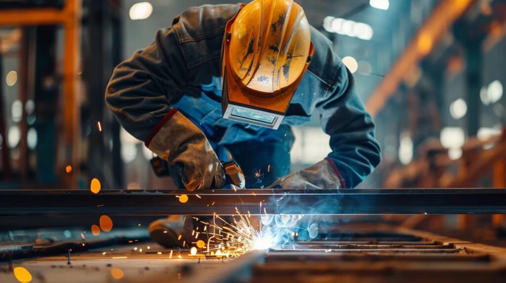 A dynamic, internal construction shot showing a professional welder wearing a mask working on a clean structural steel beam (metal framing) in the foreground. In the background, a mason is carefully laying a brick wall, symbolizing the integration of both specialized trades.