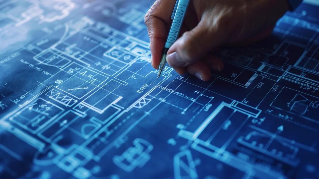 A close-up shot of architectural blueprints or a digital rendering overlaid with text annotations and arrows, focusing on the detail of a commercial floor plan. A hand holding a pen points to a section related to code compliance or building use change