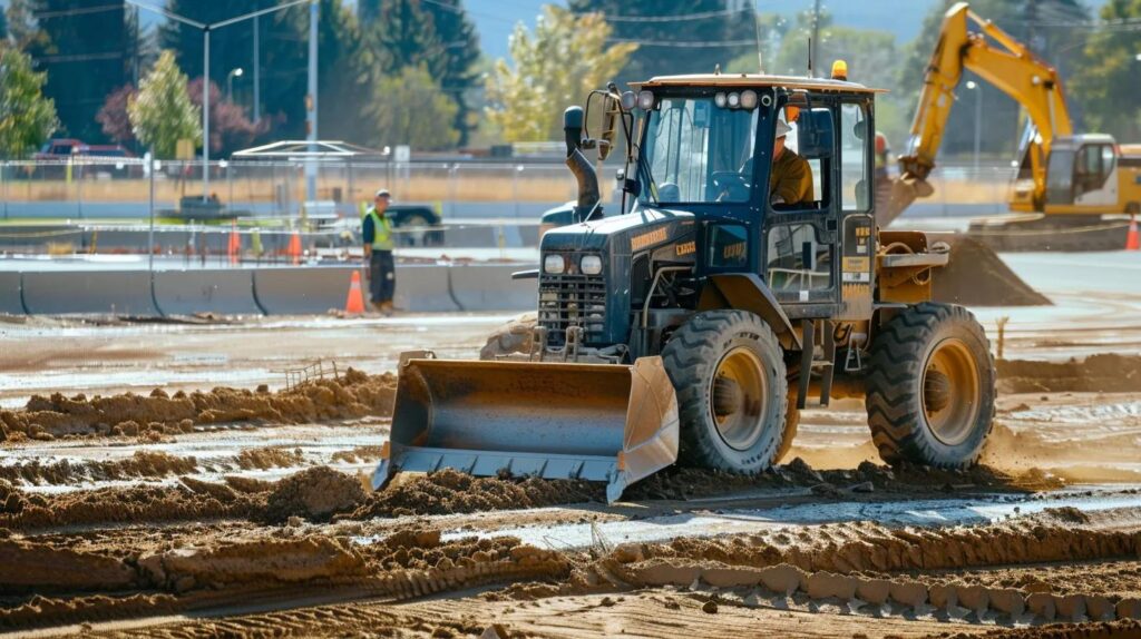 construction site scene showing a large earth-moving machine (grader or compactor) leveling and shaping soil on a commercial lot. A construction worker nearby is using a transit or laser level to check the precise grading, with a visible layer of aggregate base ready for concrete paving.