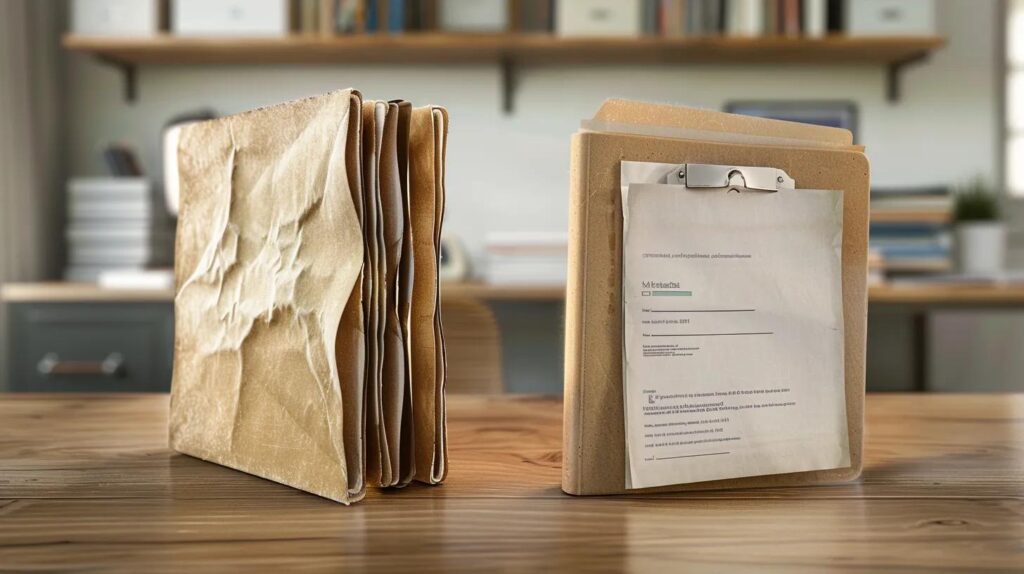 A split image showing two file folders side-by-side on a wooden desk. One folder appears crumpled and disorganized. The second folder contains neat, detailed documents (licenses, portfolios, references).
