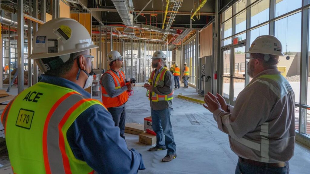 A wide-angle interior shot of a commercial construction site safety meeting in progress. The ACME OKC foreman is addressing a small crew, all wearing proper PPE.The mood should be professional and focused on team interaction.