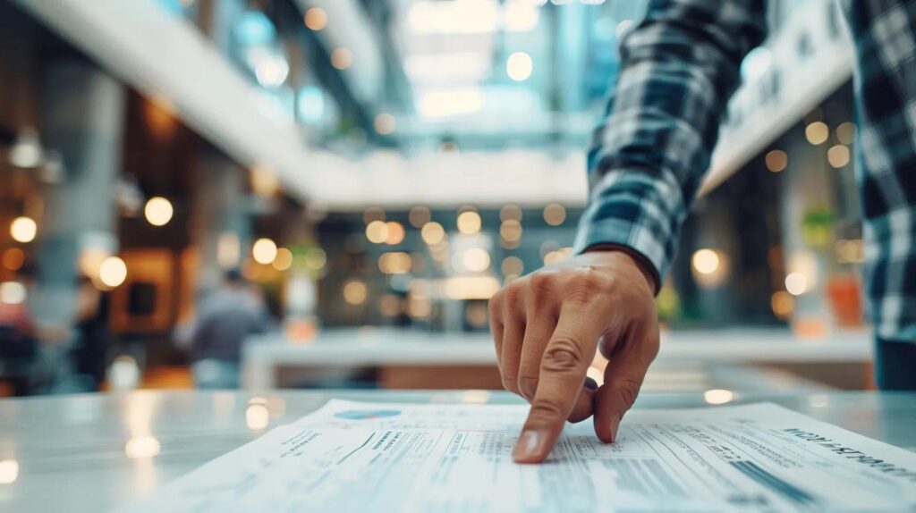 A close-up shot of a contractor's hand pointing to specific, highlighted lines on an official-looking document (like an insurance certificate or building license), with a stylized, slightly blurred background of a modern office lobby. The focus should be on the detailed paperwork, conveying compliance and security.