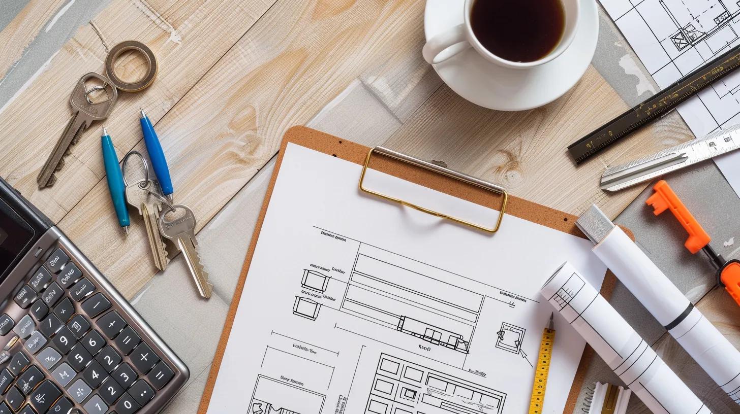 A professional, clean, flat-lay image showing a contractor’s desk. Elements include a clipboard with a checklist, a blueprint rolled up, a mug, a measuring tape, and a set of keys with a keychain. The image should feel organized and task-oriented.