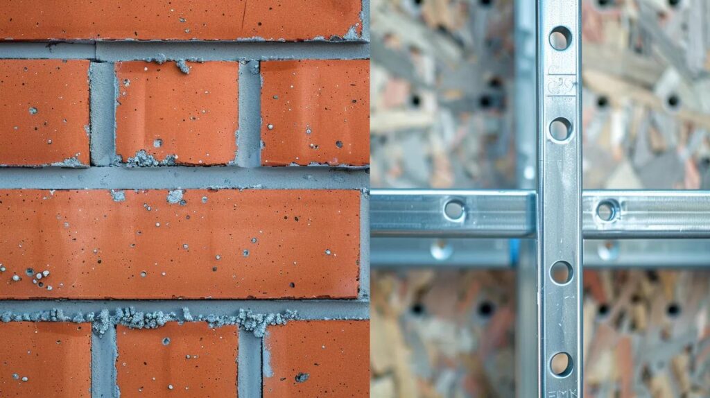 split image or a dual-focus photo. On one side, a clean, detailed section of an elegant brick wall (representing masonry/brick repair). On the other side, a close-up of newly installed, precise metal studs in a commercial framing project. The two images should blend seamlessly to represent diverse, high-quality trade expertise.