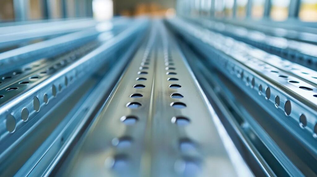 A close-up, high-definition photograph focusing on two parallel, newly installed galvanized steel metal studs in a commercial build. The image should clearly show the precision and straightness of the framing, with a contractor's tape measure visible to emphasize accuracy. The background is slightly blurred to keep the focus on the metal framing.