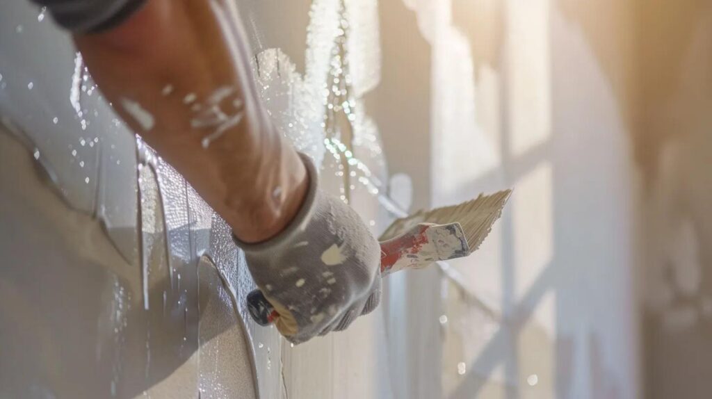 A detail shot of a skilled drywall finisher applying a Level 5 skim coat to a commercial wall under a powerful, raking work light. The light should exaggerate any imperfections, but the visible surface should be perfectly smooth, highlighting the quality of the drywall finishing. The contractor wears professional safety gear.