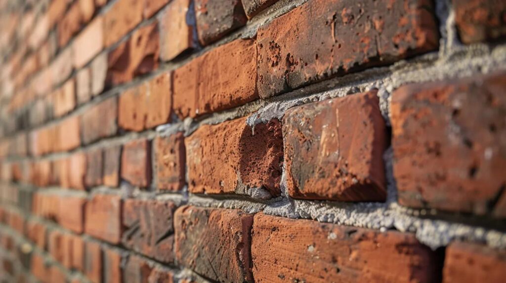 An outdoor, mid-angle photograph focusing on a brick wall undergoing professional tuckpointing (brick mortar repair). One section of the wall should clearly show new, clean mortar being applied by a skilled mason using a specialized tool, contrasted with the older, weathered mortar joints nearby. The image should be taken on a sunny day to highlight the texture and color contrast of the masonry.
