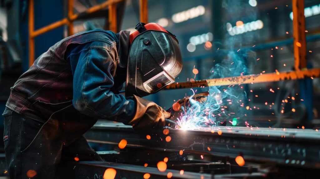 A dynamic action shot of a certified welder wearing a helmet and gloves, using an arc welder to securely attach a customized steel commercial handrail bracket to a staircase stringer. Bright welding sparks are flying safely. The focus should be on the detailed, secure weld joint, emphasizing the specialized nature of welding services.