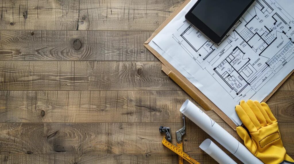 A clean, minimal image of a blueprint or commercial floor plan overlaid on a modern, rugged work tablet or clipboard. A pair of construction gloves and a measuring tape are placed beside the document. The image should visually represent planning, documentation, and technical questions.