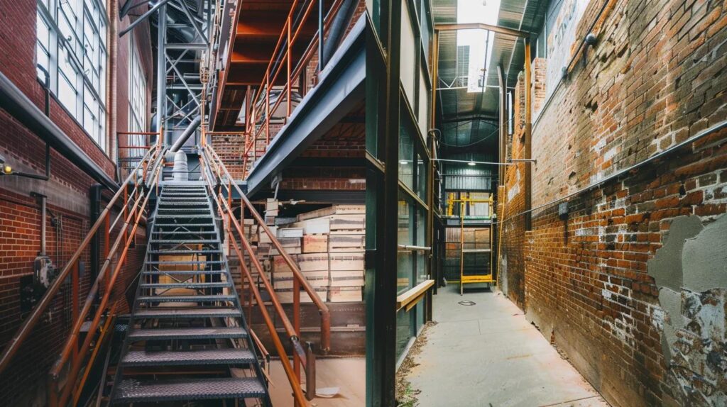 A split or composite image showcasing ACME's full capabilities. One side shows an interior shot of a crew installing metal handrails (welding/metalwork). The other side shows an exterior shot of experienced masons in oklahoma carefully performing brick mortar repair on a commercial facade. The image should visually communicate the integration of specialized trades.