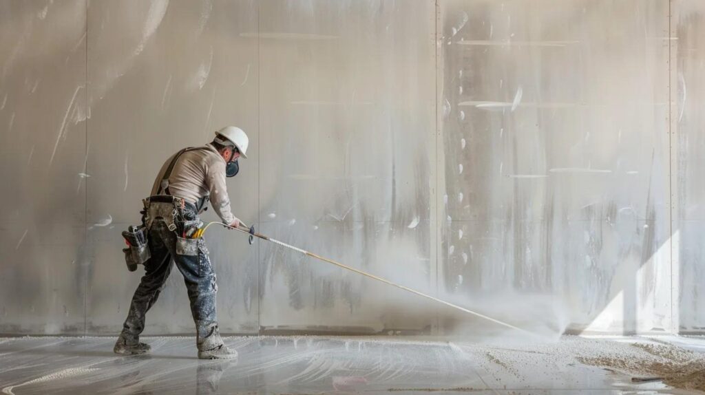 A professional photograph of a drywall contractor wearing a respirator and using a long sanding pole or specialized power sander on a large, seamless Level 5 drywall wall. The surface of the wall should look perfectly smooth, reflecting a subtle, soft light. The image emphasizes the skill, attention to detail, and smoothness of the final finish.