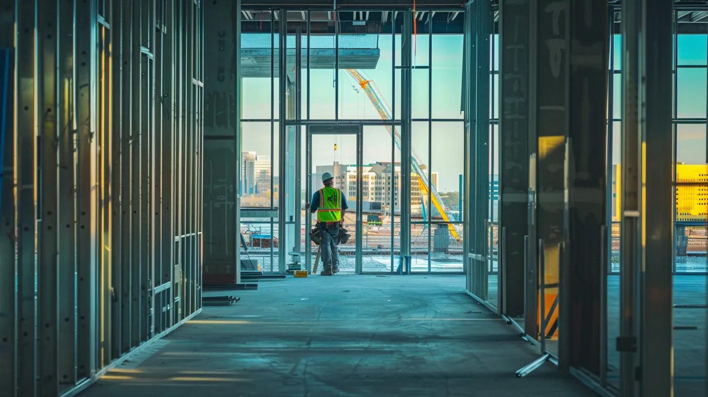 A wide-angle, cinematic photograph taken inside a large, brightly lit commercial building under construction in Oklahoma City. The foreground features a newly completed metal stud wall framework. In the middle ground, a construction worker in a safety vest and hard hat is meticulously hanging a large sheet of commercial drywall. The background shows a large window revealing the blurred, sunny cityscape of the Oklahoma City skyline (suggesting the downtown/Bricktown area). The image should convey precision, scale, and modern construction.