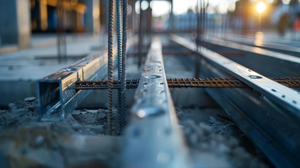 close-up, high-detail shot focusing on cold-formed metal studs and tracks securely fastened to a concrete floor slab on a commercial construction site. The lighting is crisp, highlighting the straight lines and uniform structure of the metal framing. A laser level beam is faintly visible, indicating the precision of the layout.