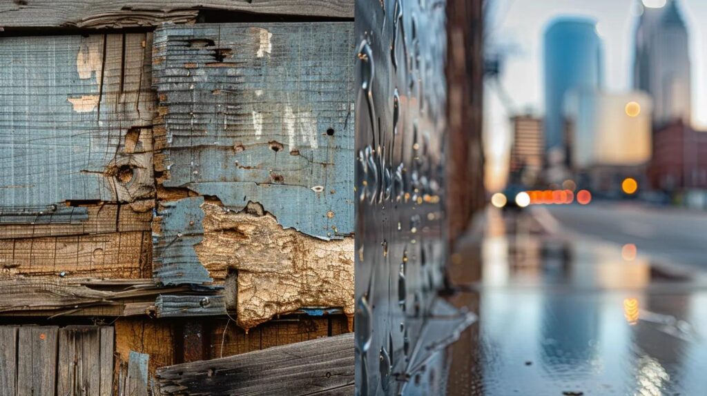A photo collage showing the contrast between construction environments. On one side, an image of a weathered, termite-damaged piece of wood framing. On the other side, a clean, close-up shot of galvanized steel studs reflecting light. The background is a typical Oklahoma City street view.