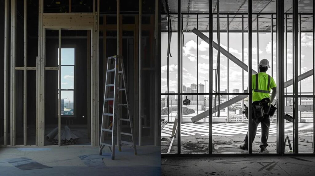 A striking, professional, cinematic photo split in two. The left side shows a traditional wood-framed wall structure (slightly warped or weathered) in black and white. The right side shows a brightly lit, perfectly straight, newly erected commercial interior wall framed with galvanized steel studs (metal studs okc), in vibrant color. A skilled construction worker wearing a hardhat and reflective gear is checking the steel structure with a level, silhouetted against a backdrop of a clean, modern Oklahoma City skyline visible through a large, un-drywalled window opening. The image conveys strength, precision, and modern construction.