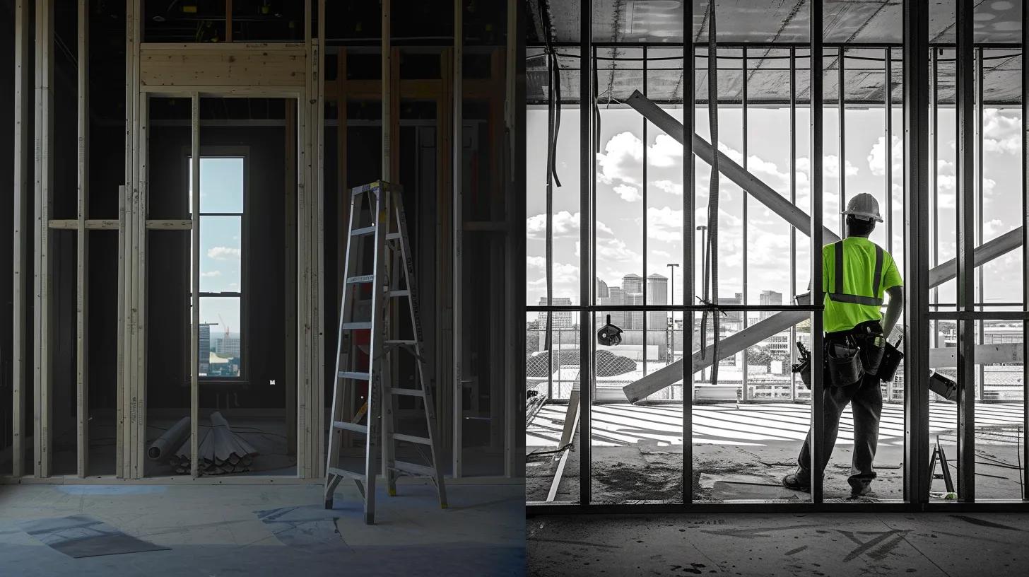 A striking, professional, cinematic photo split in two. The left side shows a traditional wood-framed wall structure (slightly warped or weathered) in black and white. The right side shows a brightly lit, perfectly straight, newly erected commercial interior wall framed with galvanized steel studs (metal studs okc), in vibrant color. A skilled construction worker wearing a hardhat and reflective gear is checking the steel structure with a level, silhouetted against a backdrop of a clean, modern Oklahoma City skyline visible through a large, un-drywalled window opening. The image conveys strength, precision, and modern construction.