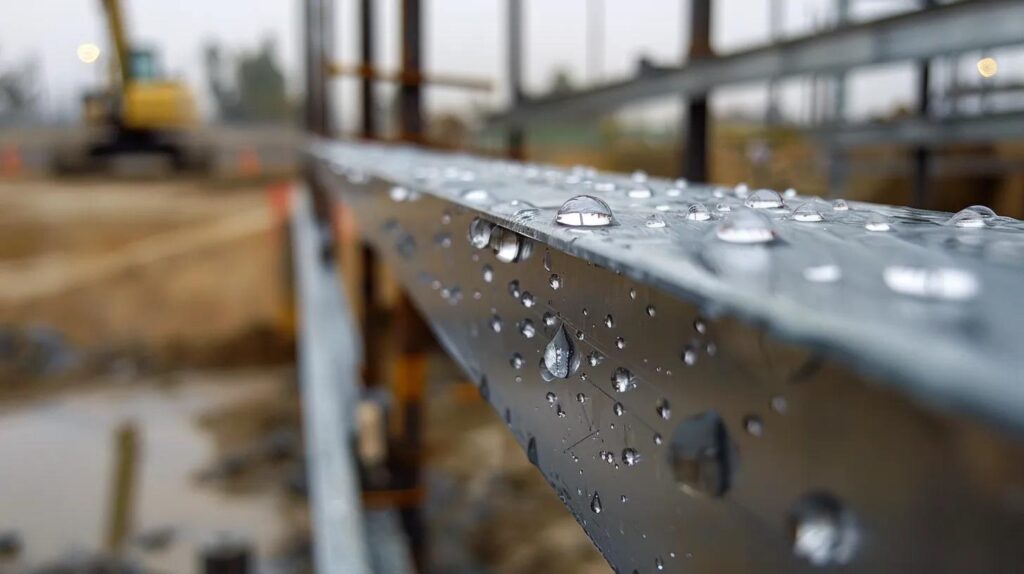 professional, high-definition macro shot of a single, shiny galvanized steel stud (C-stud). Droplets of water are beading up and rolling off the metal, symbolizing rust resistance. In the immediate background, an out-of-focus construction site is visible