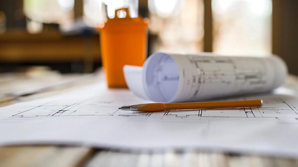 A clean, minimal image of a contractor's blueprint or ledger sheet laid out on a job site table
