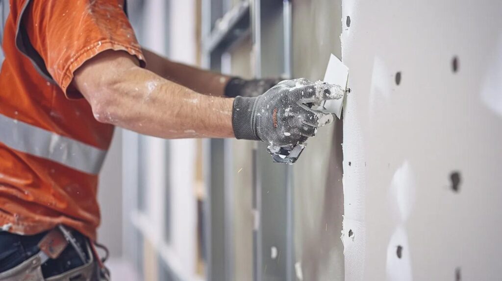 photo focusing on the intersection of trades: a skilled drywall contractor okc installing drywall sheets seamlessly onto a perfectly straight line of metal studs. The wall has a Level 5 finish in progress (smooth mud and tape lines). Close-up focus on precision.